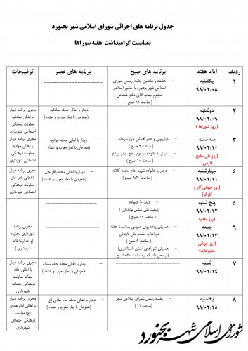 جدول برنامه های اجرائی شورای اسلامی شهر بجنورد بمناسبت گرامیداشت هفته شوراها
